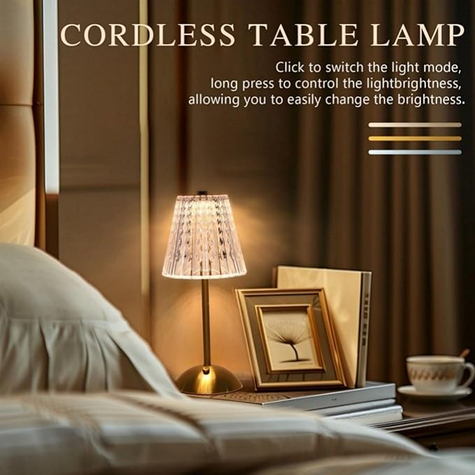 Crystal Table Lamp,5000mAh Rechargeable Cordless Lamp, Battery Operated Touch Light with 3 Color Modes, Dimmable Brightness, Modern Matte Aluminum Body for Bedroom, Bar, Outdoor Decor, Kitchen, Gift