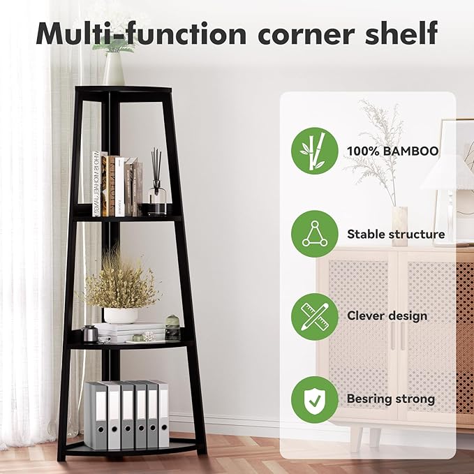 4 Tier Corner Shelf,Bamboo Corner Ladder Shelf,47" Tall Corner Ladder Bookshelf, Corner Shelving Unit for Bathroom, Bedroom, Living Room, Small Space Decor,Black