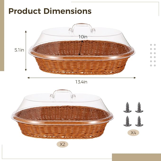 2 PCS Bread Fruit Baskets with Lid - 14 x 10 Inch Wicker Bread Basket with Acrylic Lid, Woven Bread Basket Fruit Tray with Clear Cover, Rattan Food Serving Tray for Home Picnics Bakery Storage