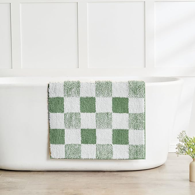 CozeCube Checkered Bath mats Non Slip, Fluffy Absorbent Microfiber Runner Bath mat Washable, Aesthetic Bathroom Rugs, Long Bath mat for Bathroom Floor, Sage Green, 47"X24"