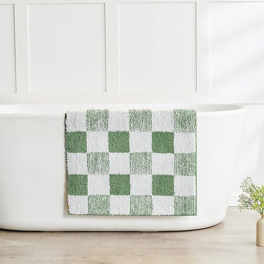 CozeCube Checkered Bath mats Non Slip, Fluffy Absorbent Microfiber Runner Bath mat Washable, Aesthetic Bathroom Rugs, Long Bath mat for Bathroom Floor, Sage Green, 47"X24"