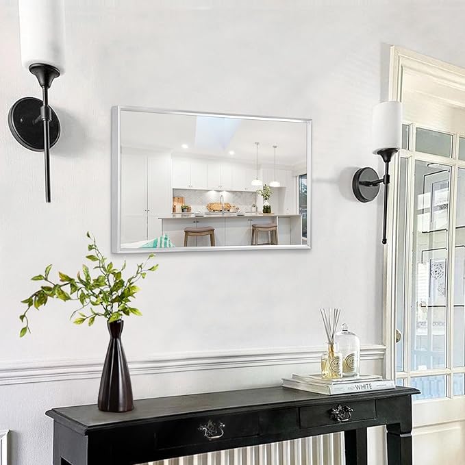 AAZZKANG Metal Frame Mirror Rectangle Wall Mounted Mirrors Decorative Modern for Bedroom Bathroom Living Room Vertical or Horizontal Silver 20"x16"