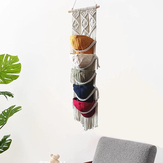 Macrame Cap Holder, Boho Hats organizer for baseball Caps, Hat Rack for Wall Hanging Decoration, Cap Rack for collection Display, Handmade Cap Hanger Storage Organizer (Five hats)
