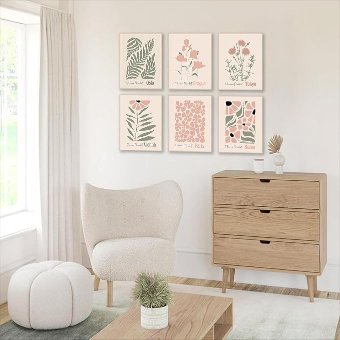 Flower Market Posters, Boho Botanical Floral Wall Art Prints Blush Pink and Sage Green Aesthetic Bedroom Decor Canvas Artwork Painting, Abstract Minimalist Wall Decor Pink Room Decor for Boho Room,