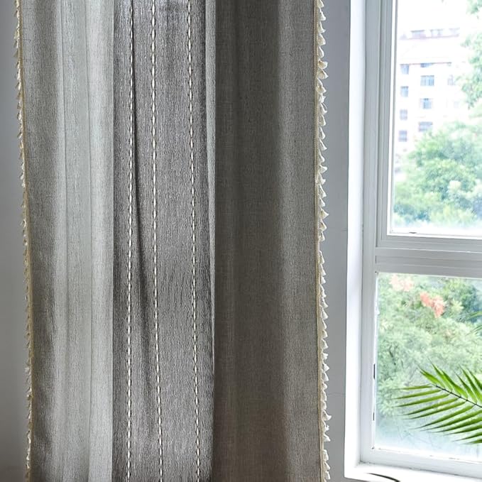 Sutuo Home Boho Curtains for Kitchen Nursery Room, Semi Blackout Linen Farmhouse Shabby Chic Tassels Window Treatment Bohemian Embroidery Drape, Rod Pocket 1 Panel 52" W x 63" L, Gray Linen