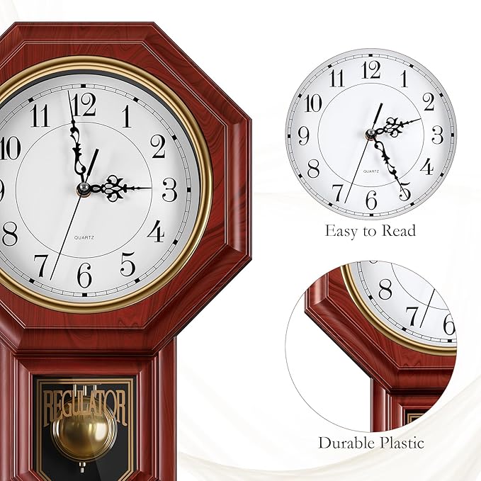 Regulator Wall Clock with Pendulum,Imitation Red Wood Plastic Wall Clock Battery Operated,Vintage Decorative Wall Clocks for Living Room,Farmhouse,Office,Bedroom,Kitchen,Wall Decor