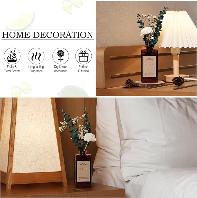 Reed Diffuser Set - Lily Tuberose Essential Oil, 5.07oz/150ml Floral Aroma Oils Scents with Flower Decoration and Rattan Sticks, Home Fragrance for Bedroom Bathroom Shelf Office Room Decor