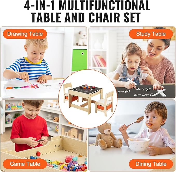 VEVOR Kids Table and Chair Set, 3 in 1 Wooden Activity Table with Storage Space and Boxes, Detachable Tabletop Kids Play Table for Toddlers Art, Craft, Reading, Learning
