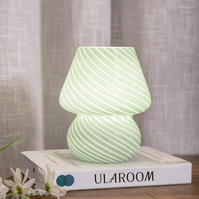 USB Plug-in Mushroom Lamp Small Bedside Table Lamp with 3 Temperature LED Bulb,Free Dimming Nights Light for Bedroom/Living Room/Entryway/Corner Decor (Stripe Green)