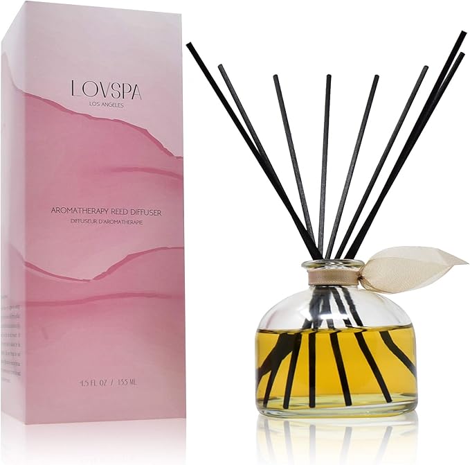 LOVSPA Sandalwood & Amber Scented Reed Diffuser Set - Air Freshener for Any Room - Notes of Bergamot, Orange, Rose & Violet with Base of Cedarwood & Vanilla - Made in The USA