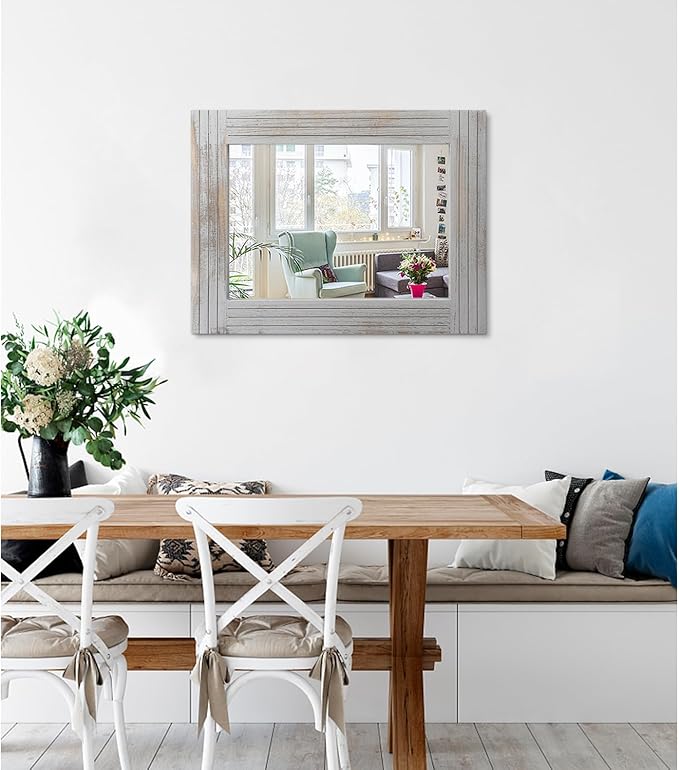 Rustic Mirror Wooden Frame Rectangular Antique Wall Mirror Decor Farmhouse Bedroom Dresser Bedroom Entryway Mirror Large Light Gray 20"x16"