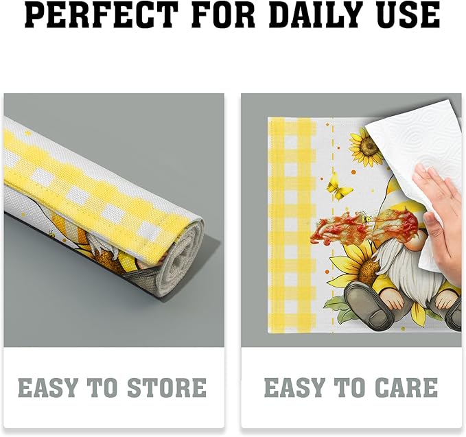 Summer Gnome Sunflowers Placemats Set of 4, Honey Butterfly Yellow White Buffalo Check Plaid Dining Table Place Mats 12 x 18 Inch Summer Seasonal Farmhouse Kitchen Home Decor