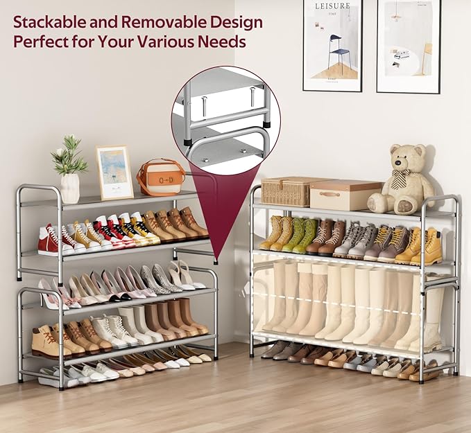 SLEEPING LAMB 2-Tier Long Shoe Rack Organizer for Closet, Stackable Wide Shoe Shelf Holds 18-Pairs Low Shoe Storage for Bedroom, Floor, Entryway (Grey)