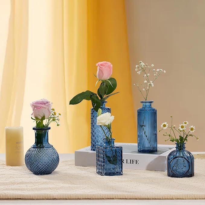 24PCS Mini Bud Vases As Wedding Centerpieces for Tables,Clear Bud Vases for Flowers,Small Flower Vases Suitable for Birthday Party,Anniversary,Wedding Reception,Baby Shower (Blue, 24PCS)