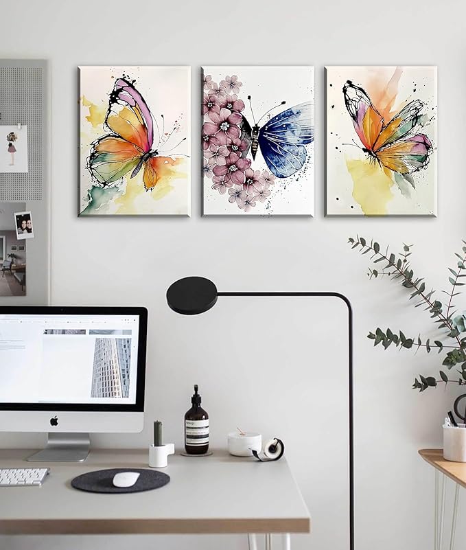 JiazuGo Butterfly Wall Decor - Colorful Butterfly Canvas Wall Art for Girls Bedroom Modren Butterflies Nursery Decor Posters Artwork Bathroom Home Decorations 12" X 16" X 3 Pieces