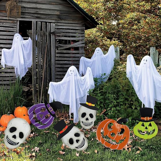 hogardeck Halloween Decorations Outdoor, 2PCS Stacked Skull Pumpkin Decorative Garden Stakes for Halloween Decor, Metal Yard Signs for Outside Garden Lawn Porch Party Decorations