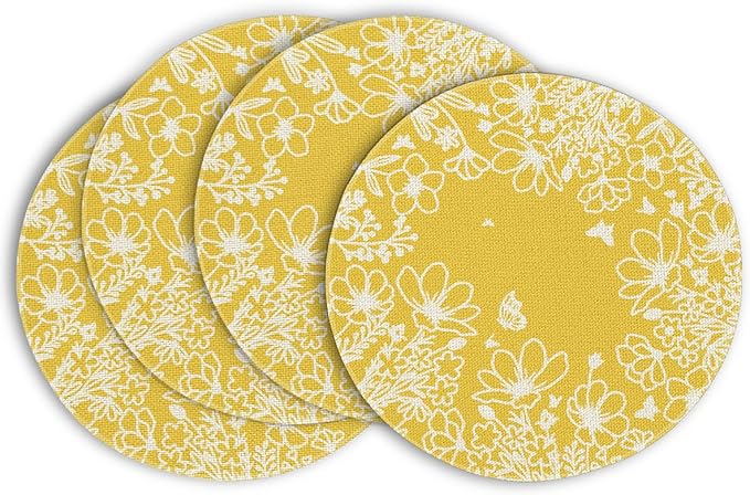 Artoid Mode Yellow Bloom Flowers Spring Round Placemats Set of 4, 14 Inch Summer Holiday Round Table Mats for Dining Decoration