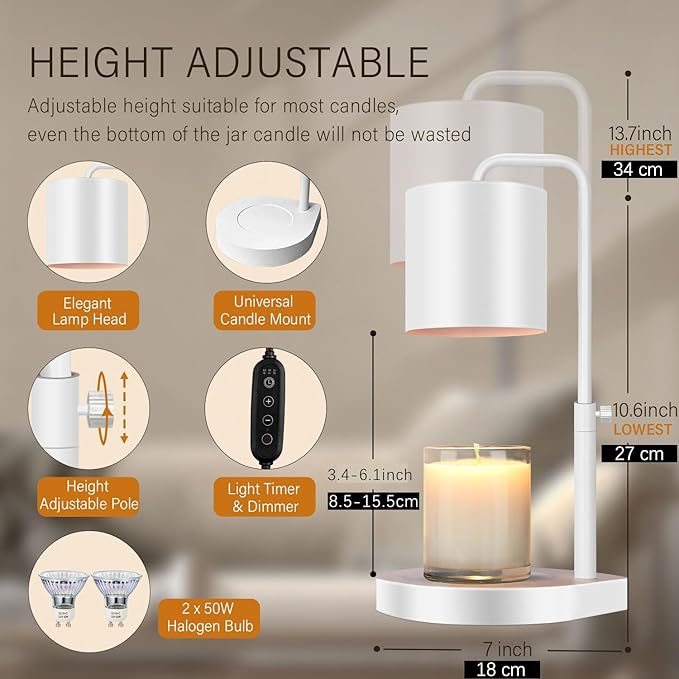 Candle Warmer Lamp Adjustable Height Dimmable Candle Lamp Warmer with Timer Compatible with Large Jar Candles No Flame Scented Candle Wax Warmer with 2 Bulbs White