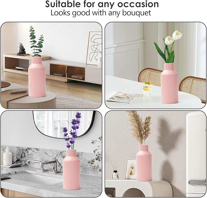 Pink Ceramic Flower Vase, Pampas Grass Small Vase for Decorating, Dining Table, Shelf Decor, Mantel, Entry Decor and Centerpieces, Minimalist Modern, Bohemian, Suitable for Any Style (8 in)