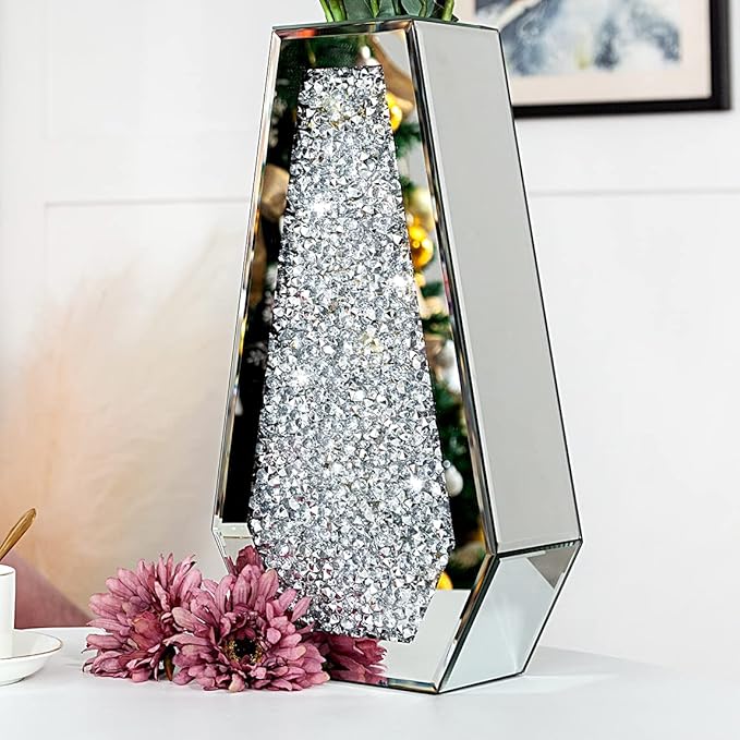 Crushed Diamond Mirrored Flower Vase Large Glass Vase Modern Crystal Decorative Mirror Vases Stunning Luxury Tall Floor Vase for Centerpieces Flowers Home Decor, Silver, 14" H. Can’t Hold Water.