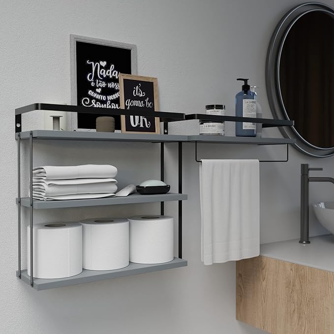 RICHER HOUSE 3+1 Tier Wall Mounted Floating Shelves Set of 2, Rustic Wood Wall Shelf with Metal Frame, Extra Storage Rack for Bathroom, Kitchen, Bedroom with Tissue Rack & Towel Bar - Grey