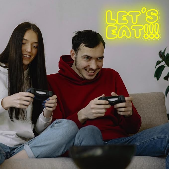 Let's Eat Neon Sign,Dimmable Anime Cartoon Neon Signs for Wall Decor,USB Game Neon Light for Man Cave Kids Room Bedroom Bar Birthday Gifts(15.7 * 9.6in)