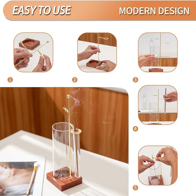 Incense Holder for Stick, Glass Insence Burner for Sticks with Removable Anti Ash Catcher & Storage Tube, Wood Cones Holders Stand with Ash Brush, Yoga Spa Madiation Relaxation, Home Decor