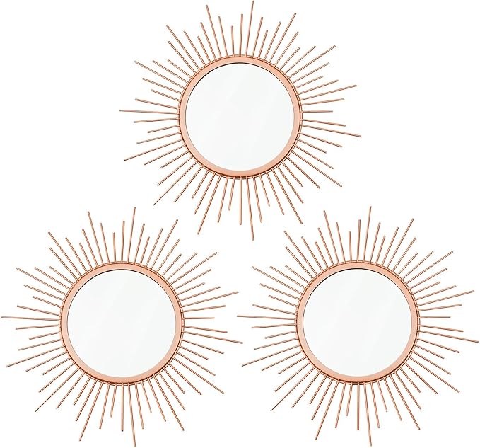 3 Pack Metal Mirrors for Wall Sunburst Wall Mirrors Home Décor Decorative Hanging Wall Art for Living Room Bedroom Entryway (Rose Gold, Sunburst)