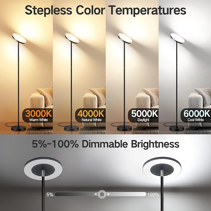OUTON LED Torchiere Floor Lamp, Super Bright Dimmable Tall Standing Lamp with Remote Touch Control, 4 Color Temperatures, 1-Hour Timer for Living Room, Bedroom, Office (Classic Black)