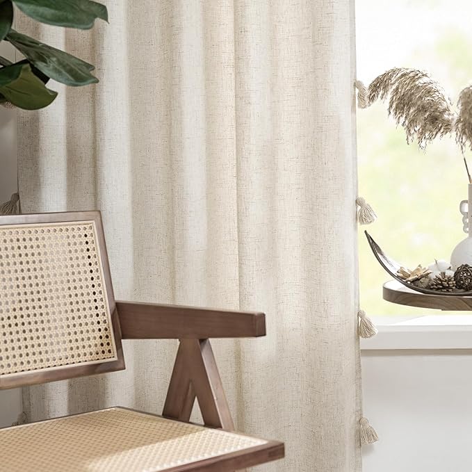 jinchan Boho Curtains 63 Inch Long 2 Panels, Linen Blend Farmhouse Drapes with Tassels for Bedroom, Light Filtering Cottage Core Curtians with Fringe, W50 x L63 with Rod Pocket Back Tab,(Ecru)