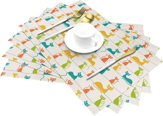 Mid Century Modern Cats Placemats Set of 4, Linen 12"x18" Cute Place Table Mat Washable Heat Resistant for Kitchen Dining Holiday Party Home Decor