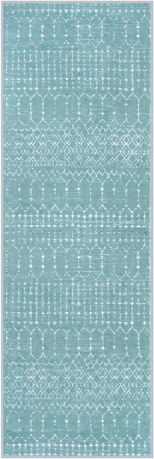 Lahome Moroccan Washable Runner Rug 2x8 - Green Non-Slip Rug Runner Stain Resisitant Kitchen Carpet, Geometric Print Distressed Soft Untra-Thin Floor Carpet for Bedroom Entryway