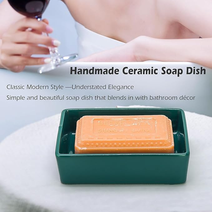 Green Soap Dish,Ceramic Soap Dishes for Sink Bathroom Shower Kitchen, Easy to Clean Keeps Soap Dry, Multi-Purpose Non-Slip Soap Tray (Dark Green)