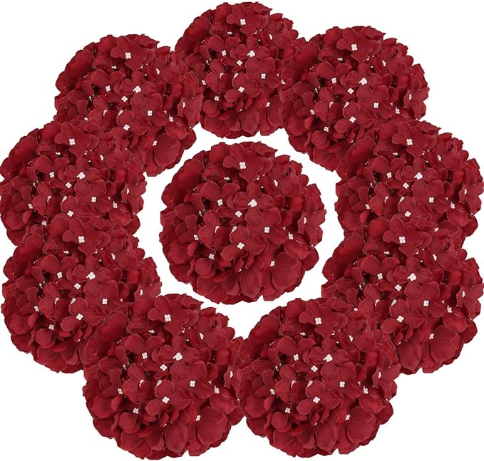 Flojery Silk Hydrangea Heads Artificial Flowers Heads with Stems for Home Wedding Decor,Pack of 10 (Burgundy)