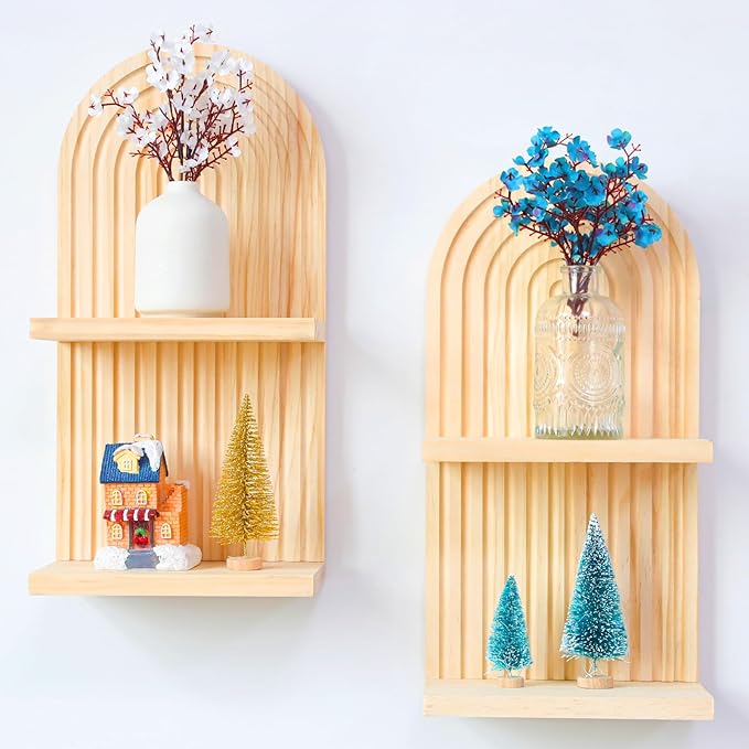 YIYA 2 Pcs Boho Wooden Rainbow Wall Shelves Floating Shelves for Wall Rainbow Arch Boho Floating Shelves Modern Boho Wall Shelf for Living Rooms Bathroom Display