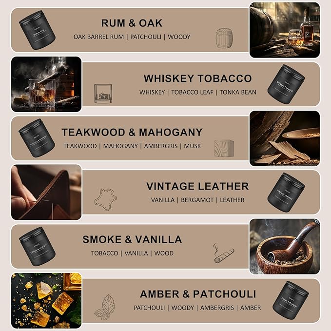 Scented Candles Set | Gifts for Father's Day - 6Pack Masculine Soy Candle for Men, Home Scented, Aromatherapy Gift for Dad- Fragrance of Smoke Vanilla/Leather/Mahogany/Tobacco/Oak/Amber