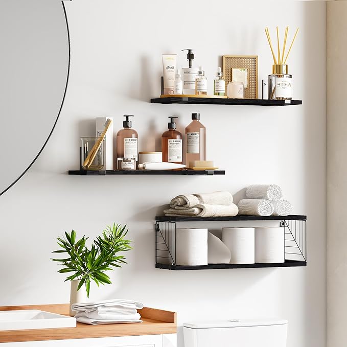 Fixwal 3+1 Tier Bathroom Floating Shelves Over Toilet, 15.8in Farmhouse Rustic Wood Shelves, Wall Decor for Bathroom, Living Room,Bedroom and Kitchen (Black)