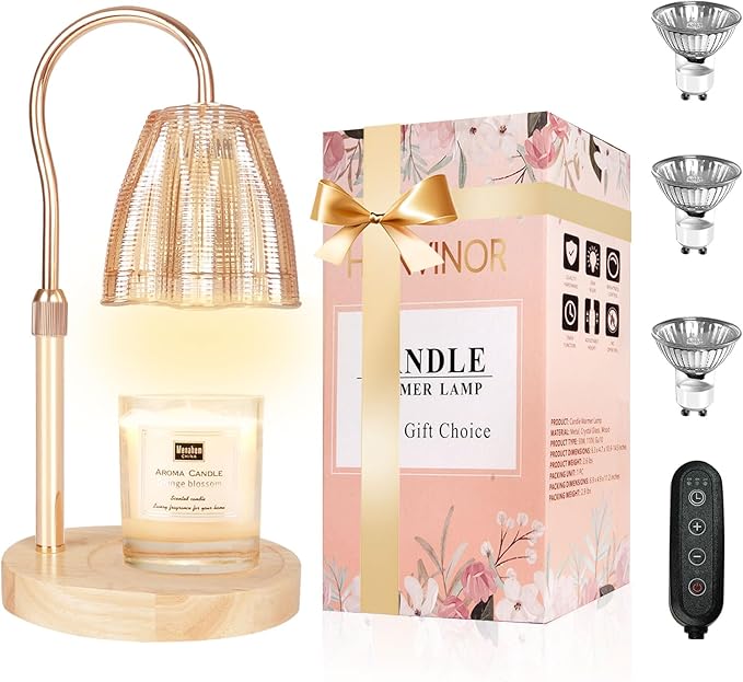 Candle Warmer Lamp with Timer & Dimmer, Candle Warmer Height Adjustable, Fits All Jar Scented Candles, Candle Lamp with 3 Bulbs, Charming Gift Box with Ribbon for Gifting