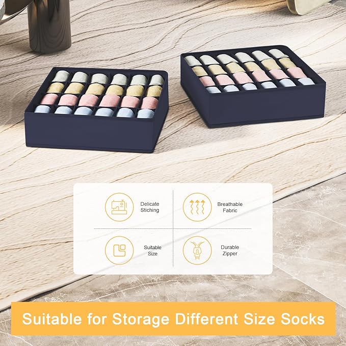Joyoldelf Drawer Organizer - 2 Pack Underwear Holder, 24 Cells Collapsible Closet Organizer and Storage for Belts, Ties (Navy Blue)