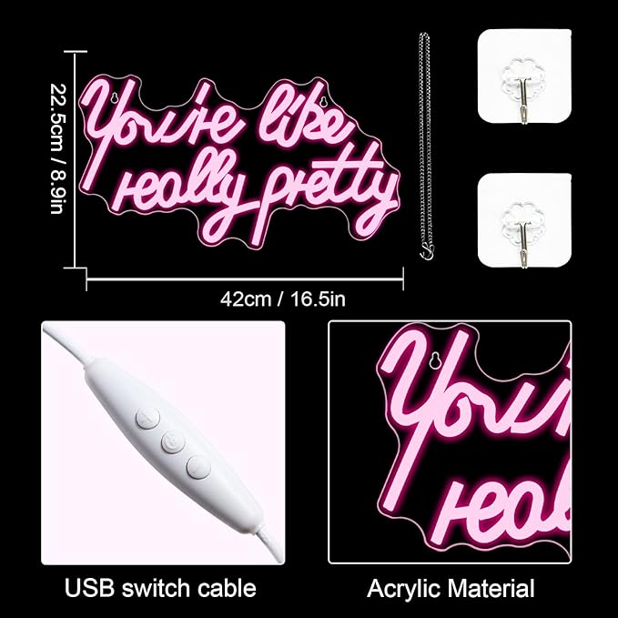 Lucunstar You're Like Really Pretty Neon Sign,Led Sign,Pink Led Neon Light for Wall Decor,Neon Signs for Wall Decor,Light Sign for Wedding,Dimmable Switch USB with Neon Sign for Bedroom,Home Decor