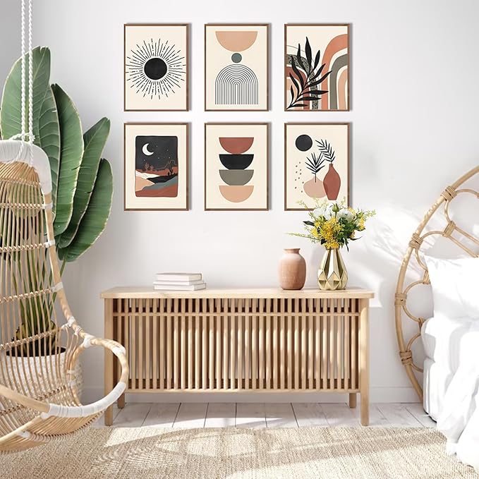 RETRART Boho Wall Decor for Bedroom, Art Home Palm Leaf Sun Moon Line Gallery Abstract Art, Minimalist | Unframed 8 inx10 inx6 PCS