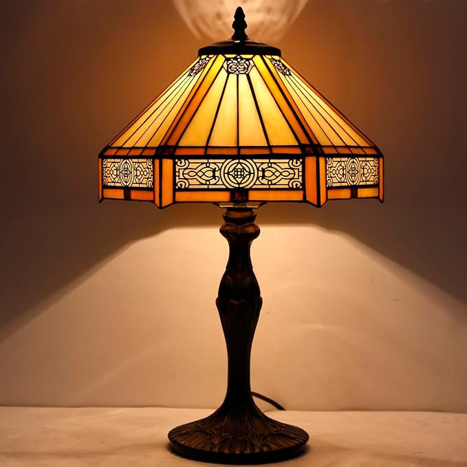 WERFACTORY Tiffany Lamp Yellow Hexagon Stained Glass Mission Style Table Lamp Desk Bedside Reading Light 12X10X18 Inches Decor Bedroom Living Room Home Office S011 Series