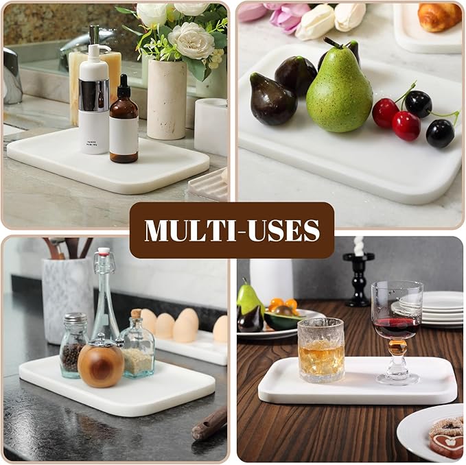 Koville Marble Vanity Tray, 12"x8" Marble Organizer Tray for Countertop Bathroom Kitchen Dresser, Rectangular Decorative Jewelry Dish for Cosmetics Perfume Trinket(White)