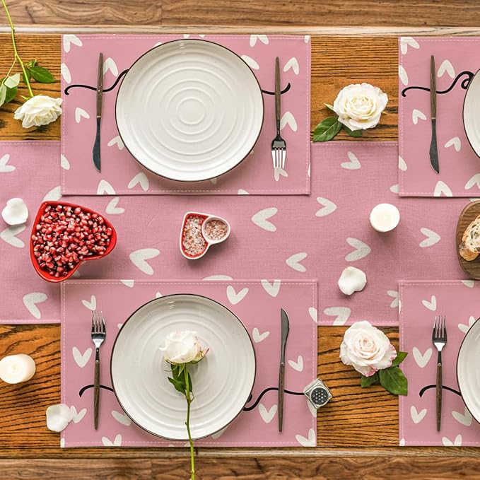 Artoid Mode Pink Love Hearts Placemats Set of 4, 12x18 Inch Seasonal Table Mats for Party Kitchen Dining Decoration