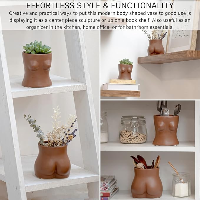 BASE ROOTS Plant Pot Ceramic Planter Vase with Drainage for Succulents, Cactus, Flowers - Ideal for Boho Indoor & Outdoor Garden, Aesthetic Living Room, Bedroom, Desk Organizer Decor & Gift Idea