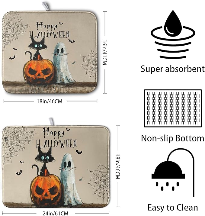 Happy Halloween Dish Drying Mat for Dishs 16x18 Inch Halloween Pumpkin Ghost Black Cat Kitchen Drying Mat Spooky Spiderweb Holiday Dish Drainer Mat Super Absorbent Dish Rack Pad for Coffee Bar Sinks