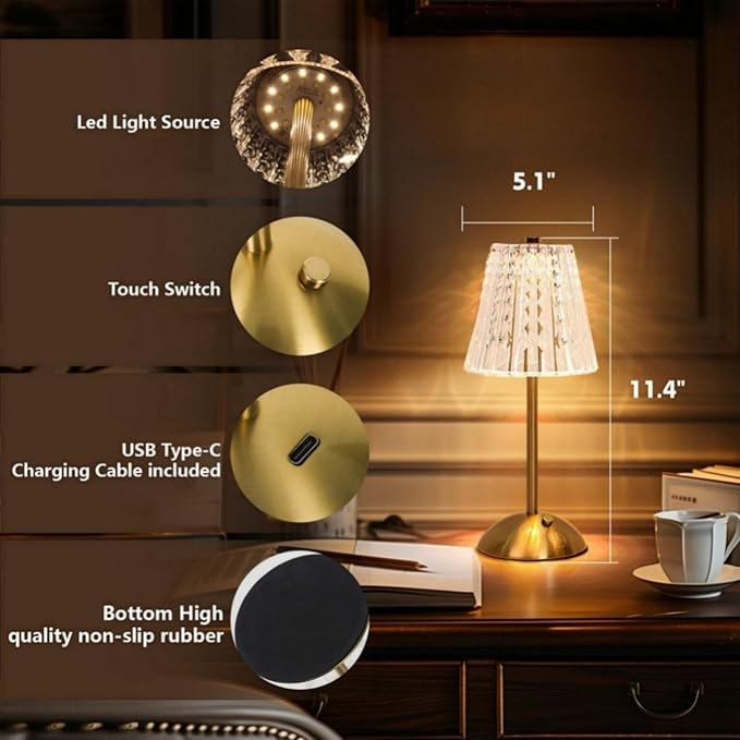 Crystal Table Lamp,5000mAh Rechargeable Cordless Lamp, Battery Operated Touch Light with 3 Color Modes, Dimmable Brightness, Modern Matte Aluminum Body for Bedroom, Bar, Outdoor Decor, Kitchen, Gift