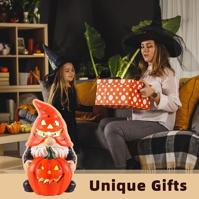 Halloween Gnomes Solar Pumpkin Decor - Unique Resin Gnome with Glowing Pumpkin, Ideal Gift for Women, Outdoor Yard Garden Halloween Decorations