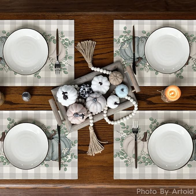 Artoid Mode Pumpkins Eucalyptus Leaves Fall Placemats Set of 4, 12x18 Inch Autumn Thanksgiving Harvest Vintage Table Mat for Party Dining Decoration