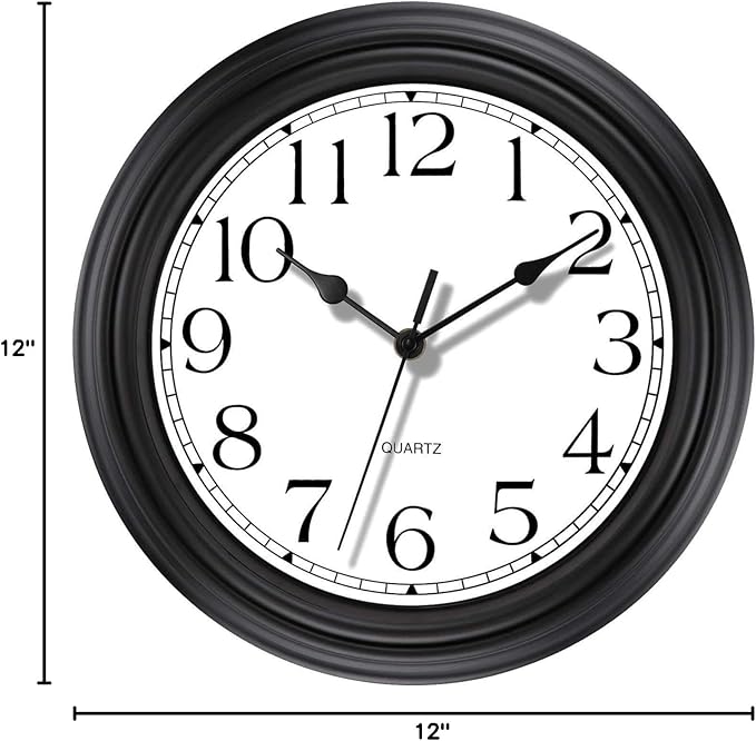 Foxtop Silent Non-Ticking Round Classic Clock Retro Quartz Decorative Battery Operated Wall Clock for Living Room Kitchen Home Office (12 Inch, Black)